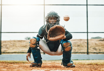 Poster - Baseball, catch and sports at the pitch for game, point or score with the ball on a field in the outdoors. Black man pitcher with mitt in sport training, exercise and fitness in competitive match