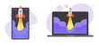 Rocket ship launch power start on cell phone and computer vector icon, digital new project startup app on mobile cellphone or pc laptop, smartphone creative product boost online idea image