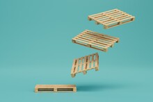 Wooden Pallets Flying On A Yellow Background. 3D Render