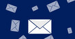 Illustration of falling white colored envelopes over blue background, copy space