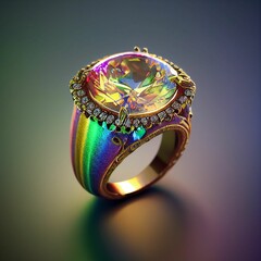 AI-generated hyper-realistic illustration of a colorful vibrant crystal ring