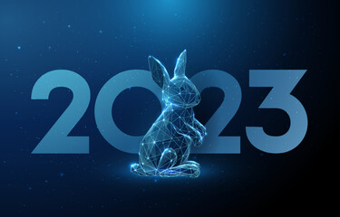 Wall Mural - Abstract blue low poly rabbit and number 2023