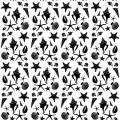 Boho seamless pattern with monochrome conch shells and sea stars on white background.