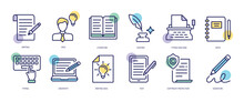 Set Of Linear Icons With Copyrighting Concept In Purple, Yellow On Blue Colors. Images Of Different Ways Of Writing Text By Hand And On Laptop. Vector Illustration.