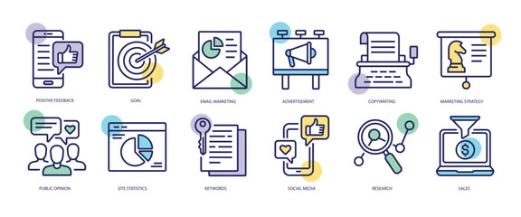 Set of linear icons with Marketing concept in purple, yellow on blue colors. Image of main functions and attributes of marketing. Vector illustration.