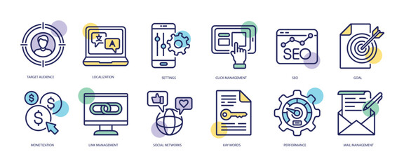 Set of linear icons with SEO concept in purple, yellow on blue colors. Icons depict the functional purpose of the SEO industry. Vector illustration.