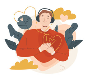 Canvas Print - Happy young man in headphones listening his own heart. Love yourself, self care, self acceptance concept. Hand drawn vector colorful cartoon style illustration