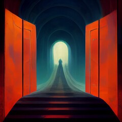 Wall Mural - digital abstract illustration of a trail through orange doors and a tunnel