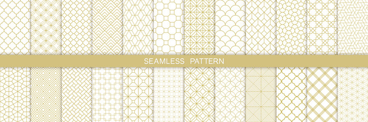 Wall Mural - Vector collection of 24 geometric ornamental seamless pattern, beige gold oriental grid line with hexagon,cube sqaure,circel shape on white background. 