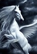 Hyper-realistic illustration of a white Pegasus horse with the wings against the cloudy sky
