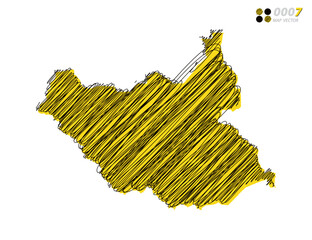 Vector silhouette chaotic hand drawn scribble yellow and black sketch of South Sudan map on white background.