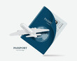 © John k studio - Airplane flying in front of passport for international travel and tourism advertisement design, vector 3d isolated on white background for international travel advertising design.
