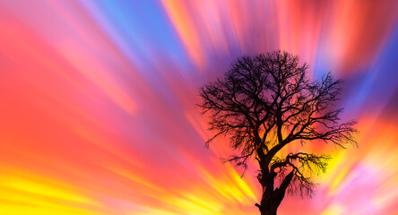 Fototapete - Lone dead tree at amazing sunset, multicolor sun rays in the background