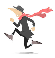 Wall Mural - Running young man.
Funny running man in the hat and big scarf. Illustration on white background
