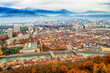 Grenoble France 11 2021 view of Grenoble from the heights of the Bastille, the city is known for its cable car which is nicknamed 