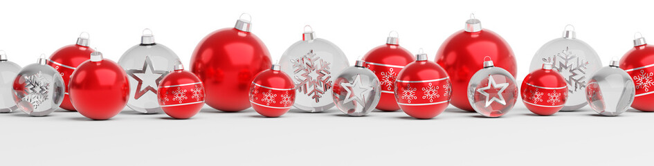 Wall Mural - Isolated glossy christmas decoration lined up on white. 3D rendering red shiny baubles ornaments. Merry Xmas cut out background