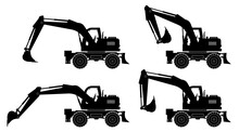 Wheel Excavator Silhouette On White Background. Construction And Mining Vehicle Icons Set View From Side.