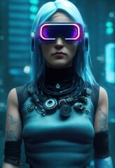 Poster - A fictional person, not based on a real person. Portrait of a sci-fi cyberpunk girl. High-tech futuristic woman from the future. The concept of virtual reality and cyberpunk. 3D render.