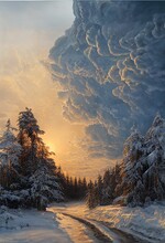 Coming Storm Over The Winter Forest On The Sunset