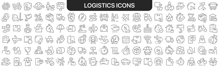 Poster - Logistics icons collection in black. Icons big set for design. Vector linear icons