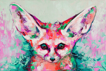 Wall Mural - Oil fox portrait painting in multicolored tones. Conceptual abstract painting of a fennec muzzle. Closeup of a painting by oil and palette knife on canvas. 