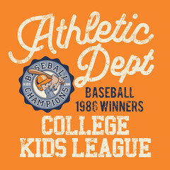 Cute athletic department college baseball kids league vintage vector print for children wear grunge effect in separate layer