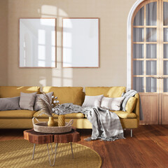 Wall Mural - Classic vintage living room in white and yellow tones. Fabric sofa, parquet and frame mockup. Farmhouse interior design