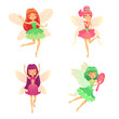 Cartoon fairy girls. Mythological girls in various colorful dresses, magical creatures with wings. Flying pretty female characters