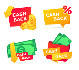 Poster - Cashback badges. Wallet with dollar banknotes, paying online and receiving money back service. Money returning label