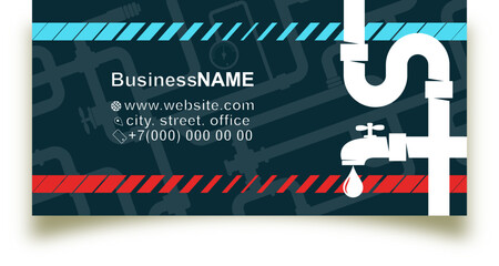 Wall Mural - Plumbing repair and service business card. Water pipes and water supply systems. Water faucet with water drop