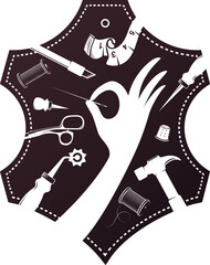 Symbol for leather goods. Sewing needle in hand. A set of tools for leather dressing