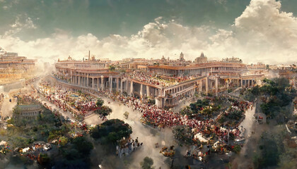 AI generated image of aerial view of ancient Rome with palaces, temples, gardens, roads, markets, chariots and people walking around 