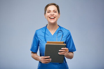 Wall Mural - Nurse or doctor woman holding books. Isolated female portrait.