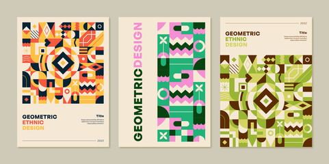 Colorful, abstract, ethnic and design posters in geometric style. Vector pattern for stationery and print.