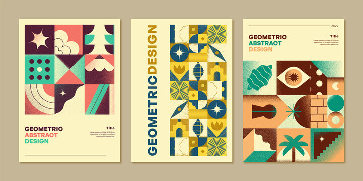 Set of geometric, graphic, vintage, abstract and colorful compositions. Modern layout with vector illustrations.
