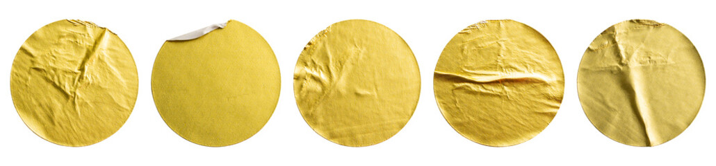 Wall Mural - blank golden round adhesive paper metallic sticker label set isolated on white background