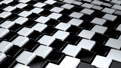 Wall Mural - Black and white geometric surface of glossy shiny cubes. 3D rendering of reflective squares connected together in graphic pattern. Computer geometric background for screensaver, presentation.