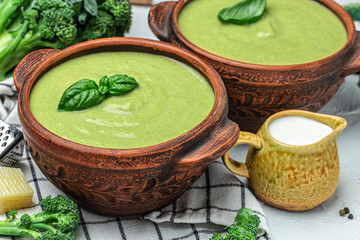 Wall Mural - broccoli soup with vegetables in a bowl omemade healthy organic vegetarian vegan diet fresh food meal dish soup Food recipe background. Close up