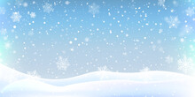 Winter Christmas Landscape Background Decoration With Falling Beautiful Shining Snow, Snowy Hills