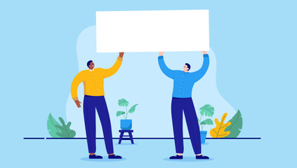 People holding white empty sign - Two business men with blank text field in hands smiling and being positive. Flat design cartoon vector illustration with blue background