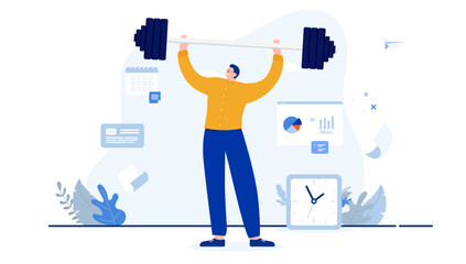 Aufkleber - Strong businessman - Person working in casual clothes lifting weights and showing strength. Work training metaphor. Flat design cartoon vector illustration with white background