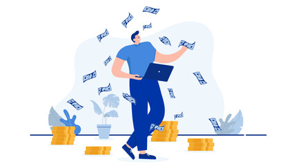 Leinwandbilder - Freelancer making money - Flat design vector person standing with laptop computer while money raining down.