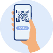 Smartphone Mockup In Human Hand. Scan QR Code.  Flat Colorful Technology Illustration