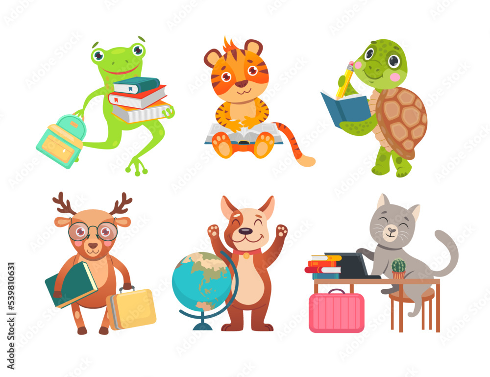 Cute animals characters studying cartoon illustration set. Clever cat ...