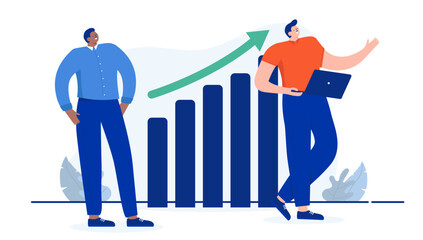 Wall Mural - Business growth - Cartoon vector people of different ethnicities standing proud with rising chart working and smiling proud. Flat design illustration with white background
