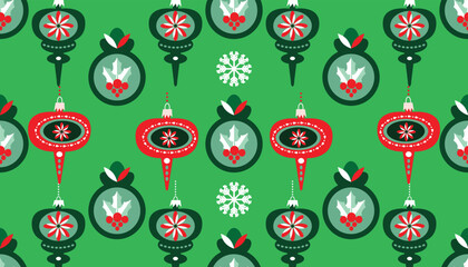 Wall Mural - Christmas seamless pattern with balls, snowflakes Holiday art background for template textile, fabric, decoration for website, social networks, greetings card Vector illustration.