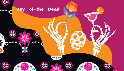 Wall Mural - Dia de Los Muertos, Day of the Dead or Halloween greeting card,  banner, background. Sugar skulls, candle, maracas, guitar, sombrero,  marigold flowers, Сalavera la Catrina tradition skeleton decorati