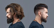 © Yevhen - Long beard Hair style hair stylist. Vs. Male beauty, comparison. Shaving, hairstyling. Beard, shave before, after. Collage man before and after visiting barbershop, different haircut, mustache, beard