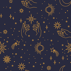 Wall Mural - Seamless pattern with constellations. Sun, moon, magic hands and stars. Mystical esoteric background for design. Astrology magical vector.