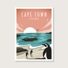 Vintage Retro African Penguin On Cape Town Beach Poster Design Illustration, Seascape Beach Poster